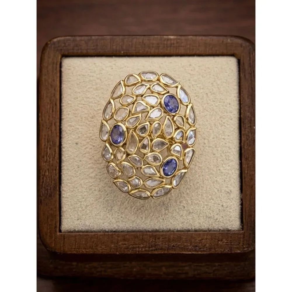 Exquisite Gold Vermeil Rose Cut Diamond & Sapphire Statement Ring | Boho Artisan